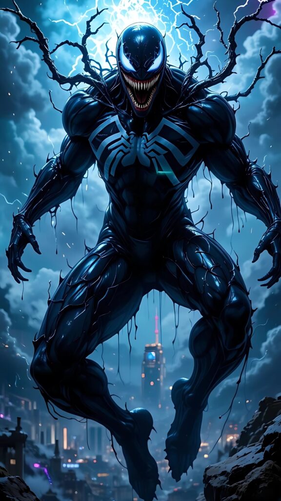 Venom-themed Spider-Man in symbiote suit leaping with lightning and dark city background – intense high-resolution wallpaper