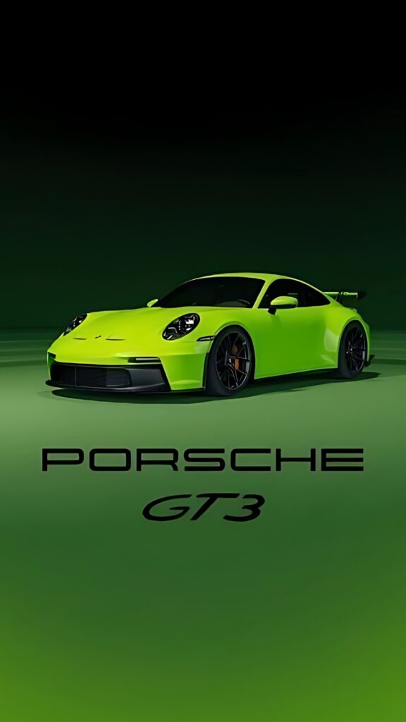 Neon green Porsche 911 GT3 showcased on a green gradient background with bold 'Porsche GT3' text