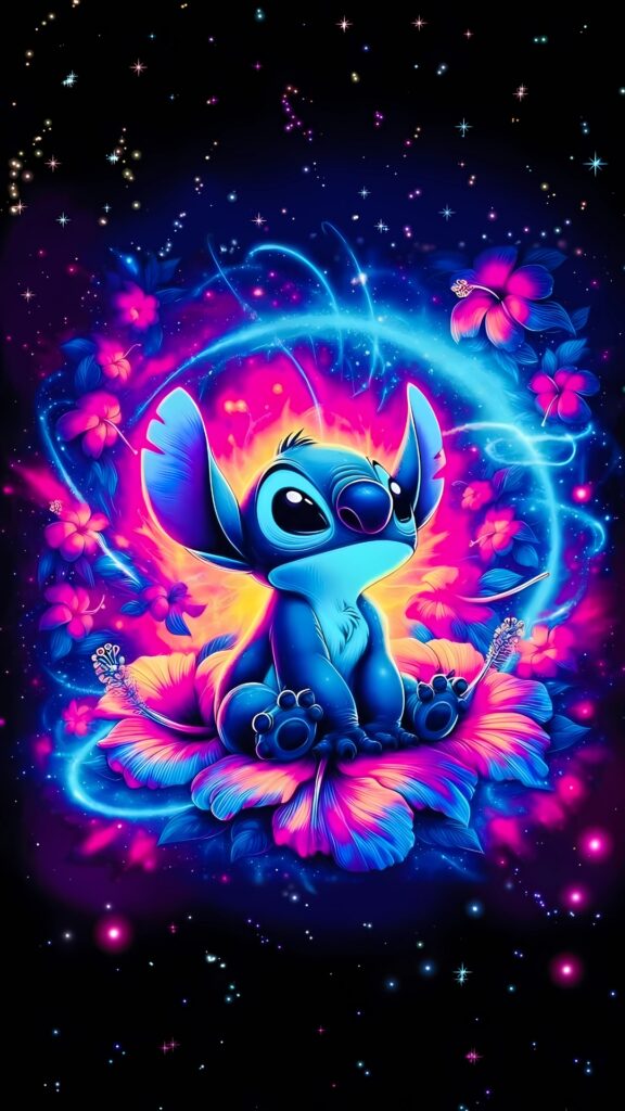 Colorful neon Stitch wallpaper featuring the beloved Disney character sitting on a glowing hibiscus flower surrounded by cosmic lights and vibrant tropical elements.