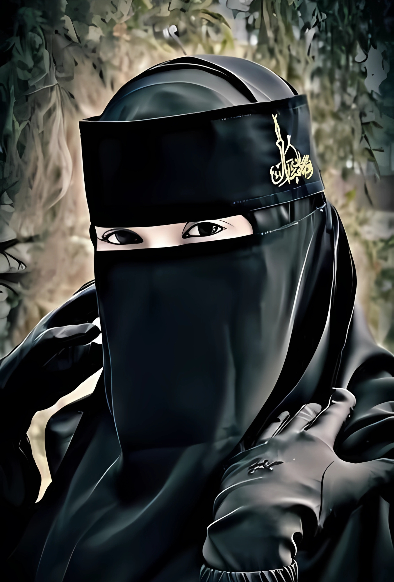 Hijab girl in black niqab and gloves with elegant Islamic headband – perfect for WhatsApp DP