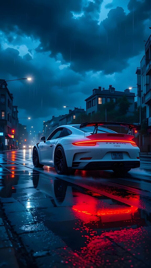 White Porsche 911 sports car on a rainy city street at night with neon reflections