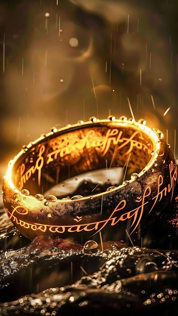 The One Ring glowing with Elvish inscription in the rain from The Lord of the Rings fantasy series
