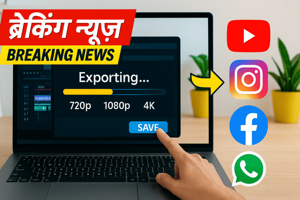 लैपटॉप स्क्रीन पर वीडियो एडिटिंग के बाद एक्सपोर्टिंग ऑप्शन के साथ सोशल मीडिया आइकॉन्स दिखाते हुए